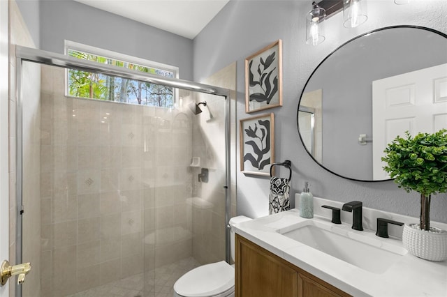 full bath featuring toilet, a shower stall, and vanity