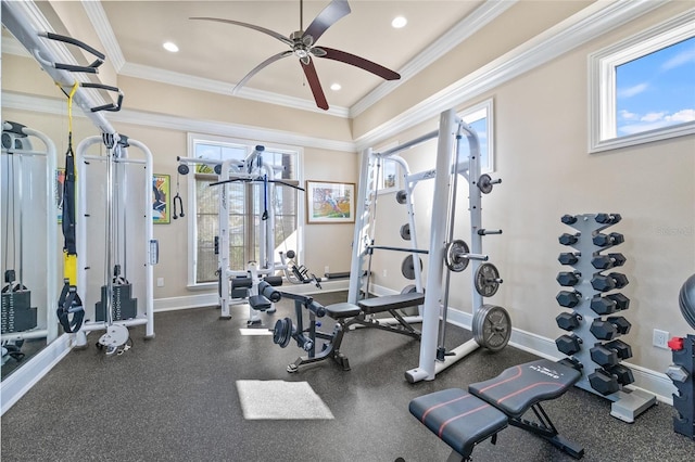 gym with ornamental molding, recessed lighting, plenty of natural light, and baseboards