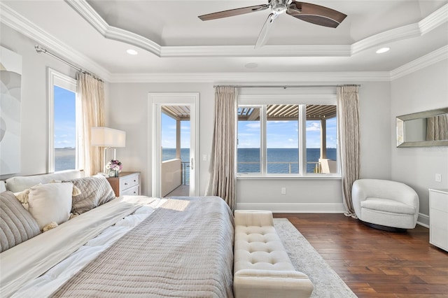 bedroom featuring access to exterior, dark wood-style floors, a raised ceiling, and ornamental molding