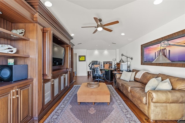 living room with ceiling fan, visible vents, dark wood-style flooring, and recessed lighting