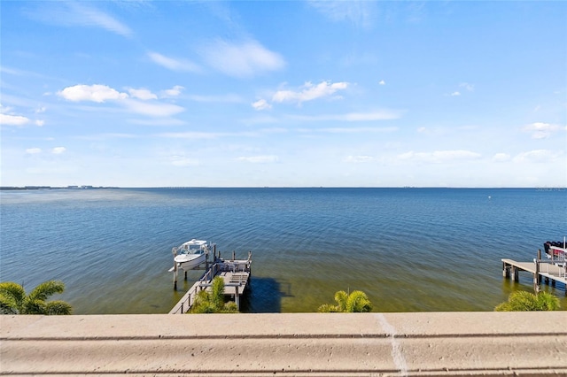 water view featuring a dock and boat lift