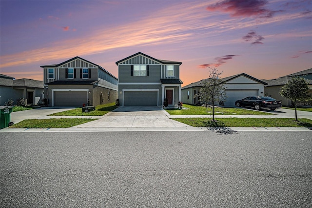 view of front of property with a garage, cooling unit, driveway, and board and batten siding