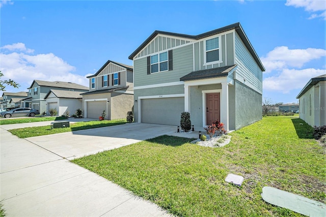 craftsman inspired home with an attached garage, board and batten siding, a front yard, a residential view, and driveway