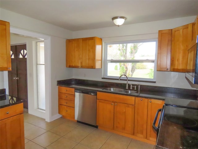 kitchen with a sink, black range with electric stovetop, brown cabinets, and dishwasher