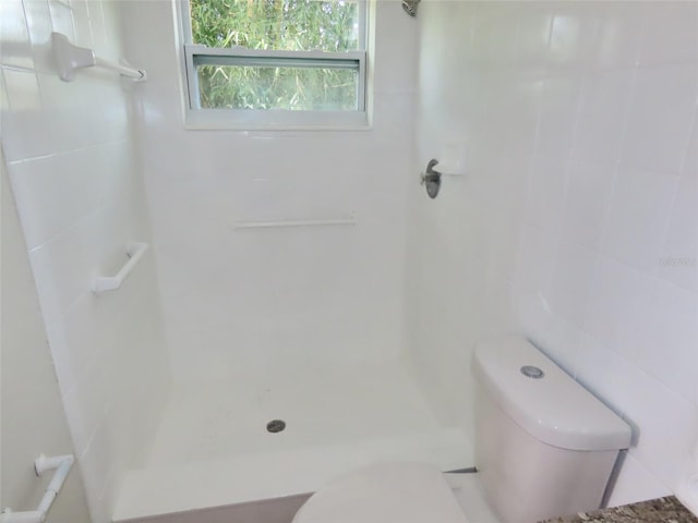 bathroom featuring a shower, tile walls, and toilet