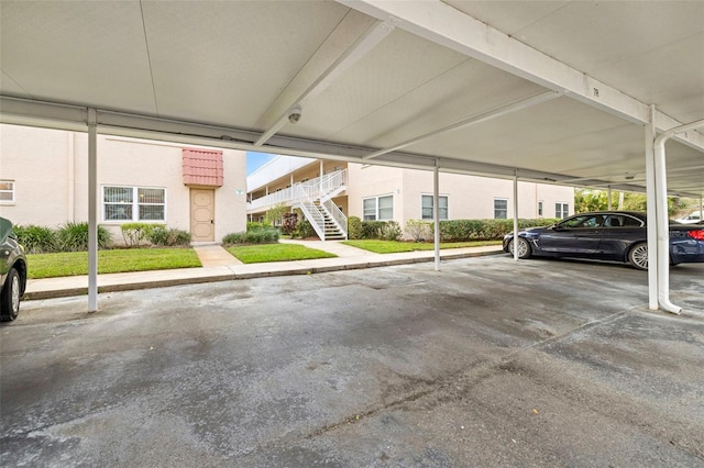 covered parking lot with stairs