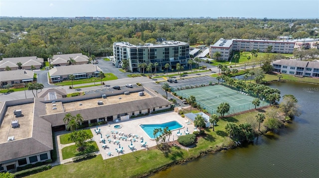 drone / aerial view with a water view