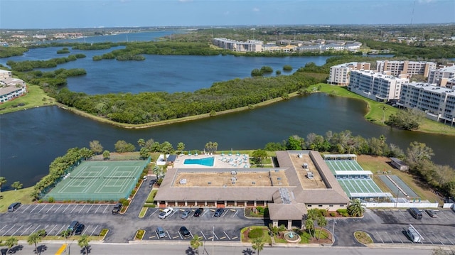 birds eye view of property featuring a water view