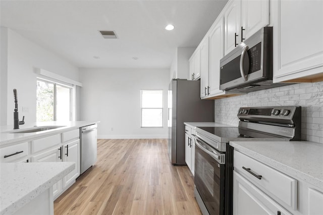 kitchen with visible vents, decorative backsplash, appliances with stainless steel finishes, white cabinetry, and a sink