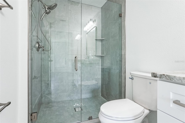 full bathroom featuring toilet, a stall shower, and vanity