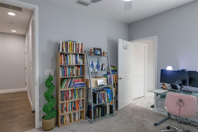 home office featuring baseboards, visible vents, a ceiling fan, and recessed lighting