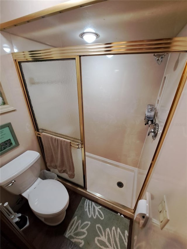 bathroom featuring a stall shower and toilet