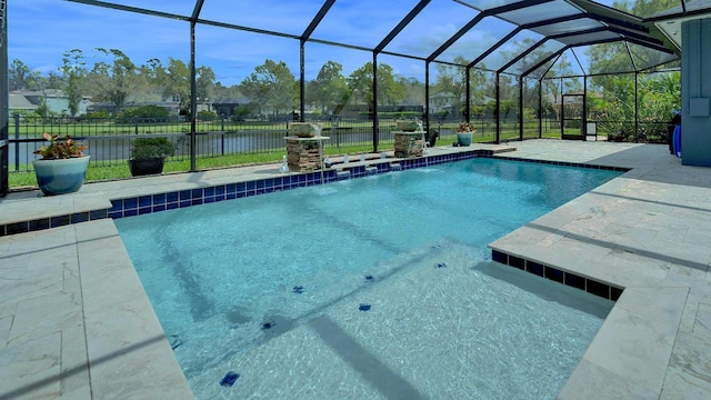 view of pool with a fenced in pool, glass enclosure, fence, and a patio