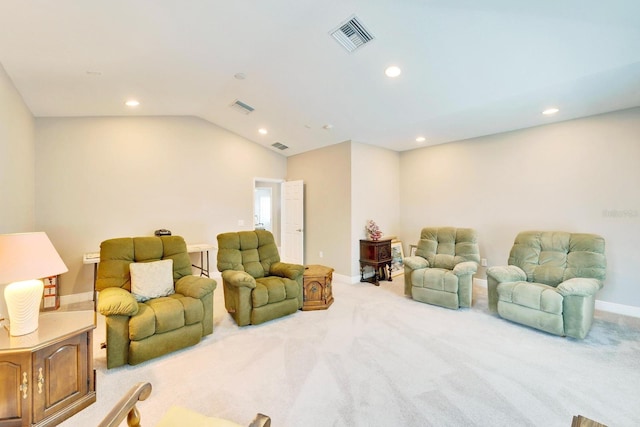 living room featuring lofted ceiling, carpet, visible vents, and recessed lighting