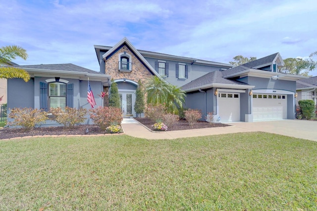 view of front facade with concrete driveway, stone siding, an attached garage, a front lawn, and stucco siding