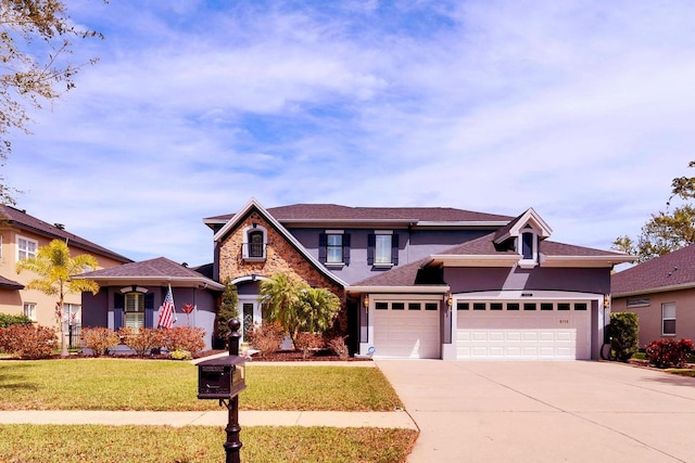 traditional-style house featuring a garage, concrete driveway, stone siding, a front yard, and stucco siding