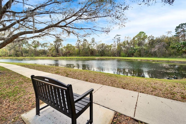 view of community with a water view