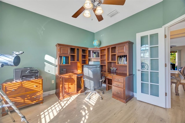 office area featuring baseboards, visible vents, light wood finished floors, and ceiling fan