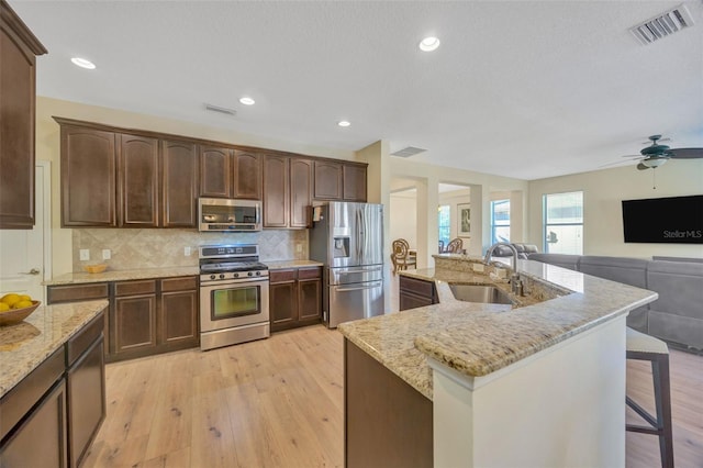 kitchen featuring a kitchen bar, visible vents, a sink, tasteful backsplash, and stainless steel appliances