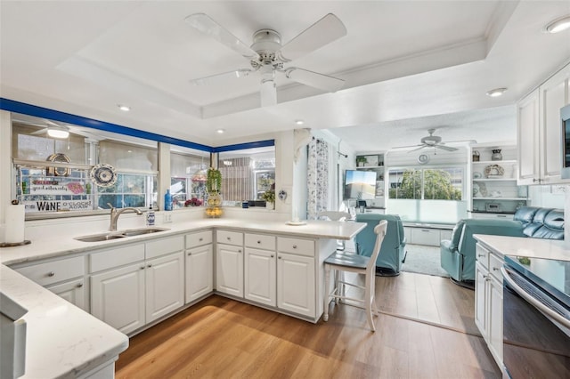 kitchen with light wood-style floors, a raised ceiling, white cabinetry, and a sink