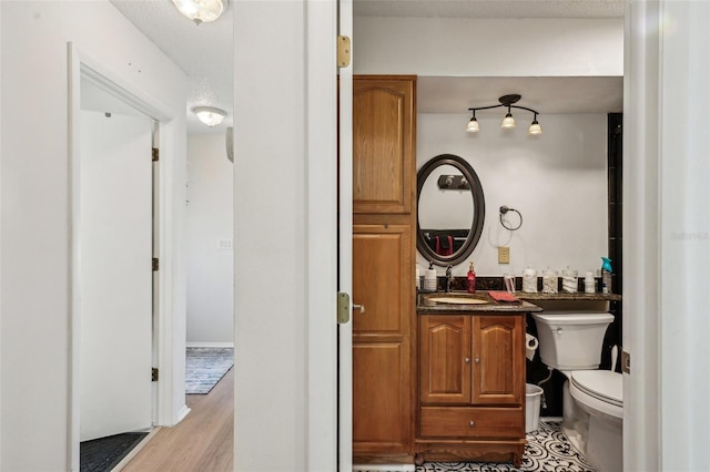 bathroom featuring toilet, wood finished floors, and vanity