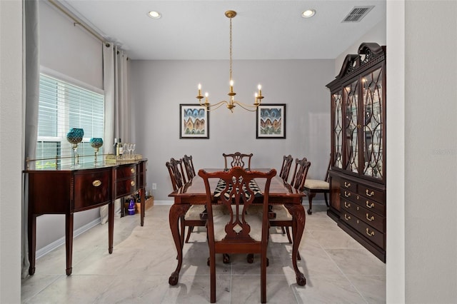 dining room with baseboards, recessed lighting, visible vents, and a notable chandelier