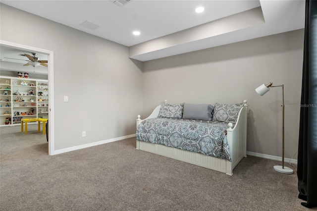 bedroom featuring carpet floors, visible vents, baseboards, and recessed lighting