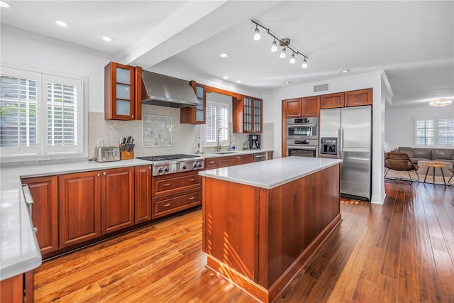 kitchen featuring a sink, appliances with stainless steel finishes, light wood finished floors, and wall chimney range hood