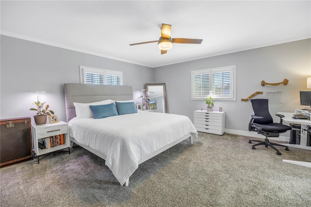 bedroom with carpet floors, ornamental molding, and baseboards