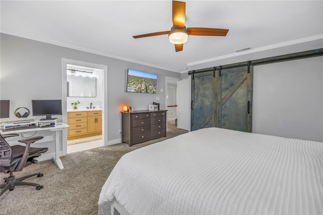 bedroom featuring a sink, visible vents, baseboards, carpet, and crown molding