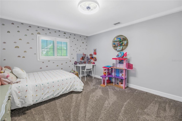 bedroom with carpet floors, visible vents, ornamental molding, baseboards, and wallpapered walls