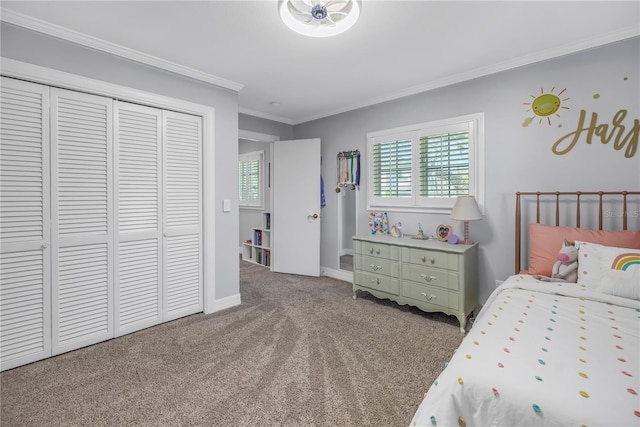 carpeted bedroom with ornamental molding, multiple windows, a closet, and baseboards