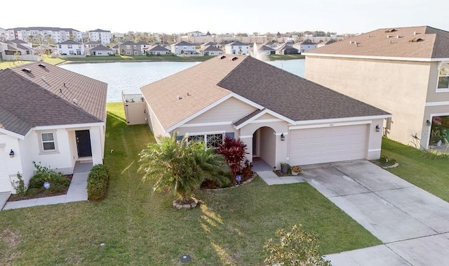 view of front of house featuring driveway, a garage, a shingled roof, a residential view, and a front lawn