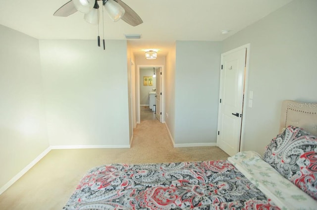 bedroom with carpet floors, ceiling fan, visible vents, and baseboards