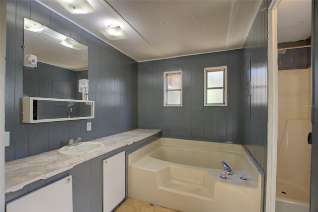 bathroom featuring a garden tub, a shower stall, and vanity