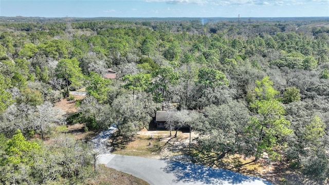 drone / aerial view with a wooded view