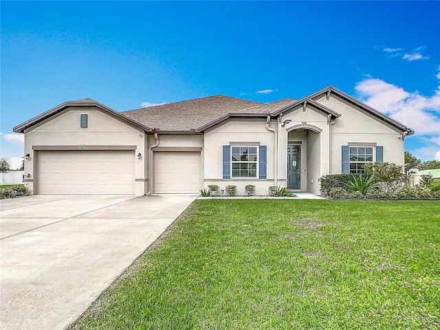 single story home with stucco siding, driveway, a front lawn, roof with shingles, and an attached garage