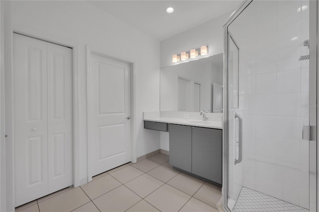 bathroom featuring a stall shower, tile patterned flooring, and vanity