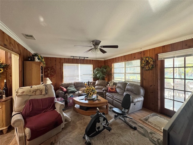 living area with wooden walls, visible vents, a textured ceiling, and ornamental molding