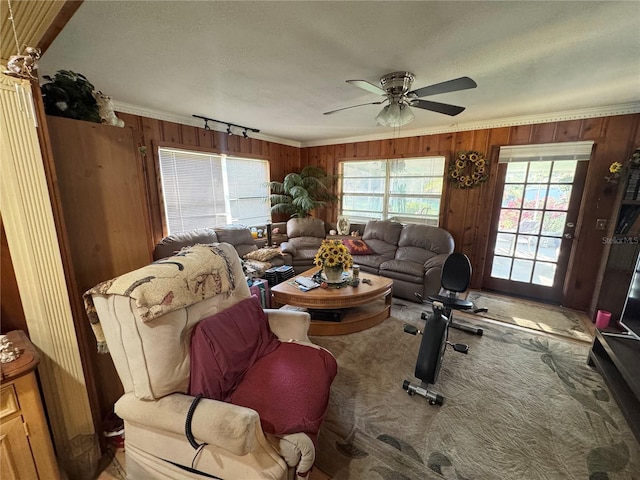 living area with carpet floors, crown molding, wooden walls, and ceiling fan