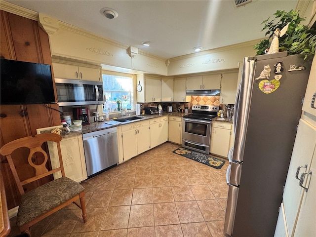 kitchen featuring under cabinet range hood, stainless steel appliances, a sink, decorative backsplash, and crown molding