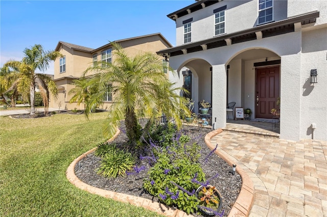 view of exterior entry featuring a yard and stucco siding