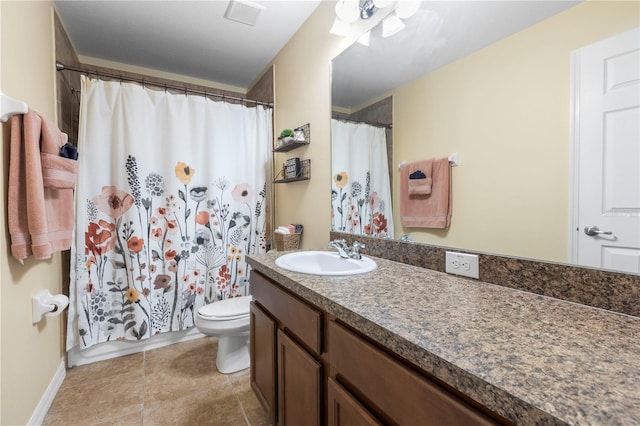 bathroom with toilet, curtained shower, visible vents, and vanity