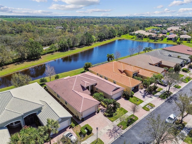 bird's eye view featuring a water view and a residential view