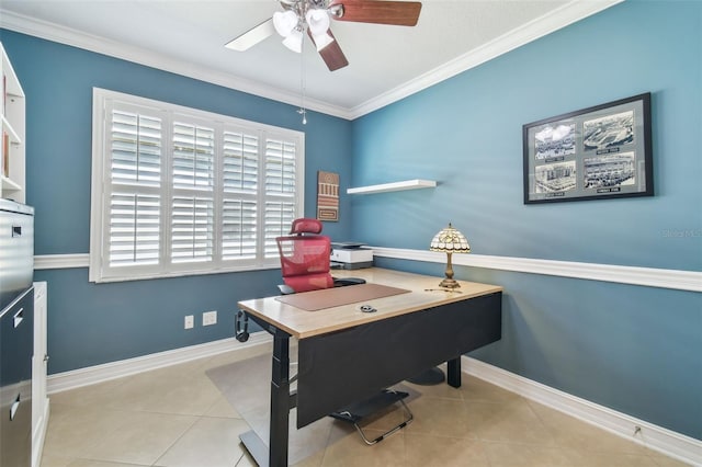 tiled office space featuring ceiling fan, ornamental molding, and baseboards