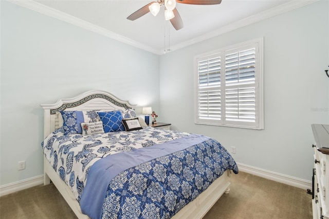 bedroom featuring carpet floors, crown molding, baseboards, and ceiling fan