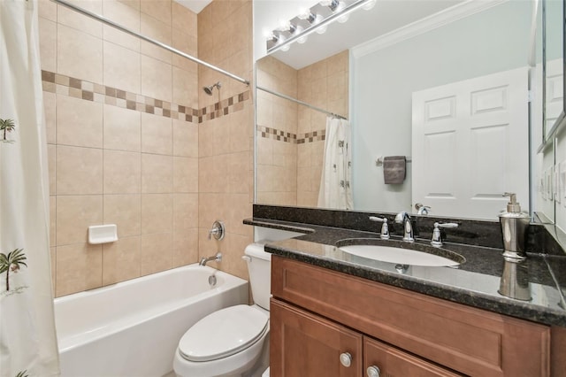 full bathroom with toilet, shower / tub combo, ornamental molding, and vanity