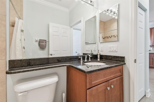 full bath featuring ornamental molding, tile patterned flooring, vanity, and toilet