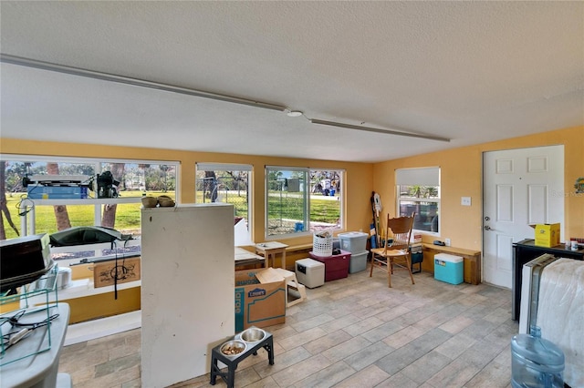 office space featuring light wood finished floors and a textured ceiling