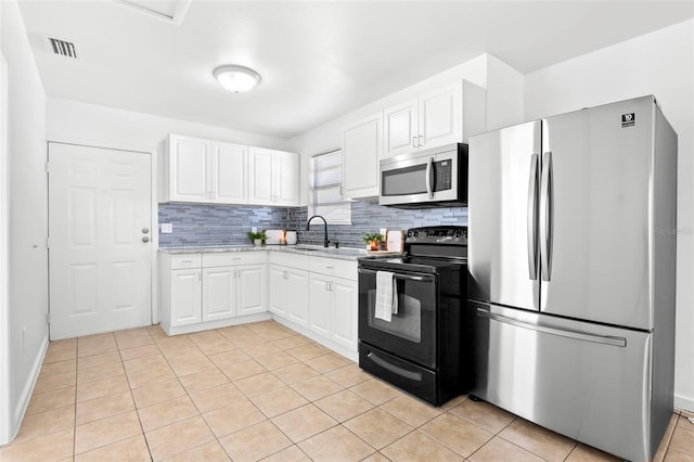 kitchen with stainless steel appliances, visible vents, backsplash, and white cabinetry